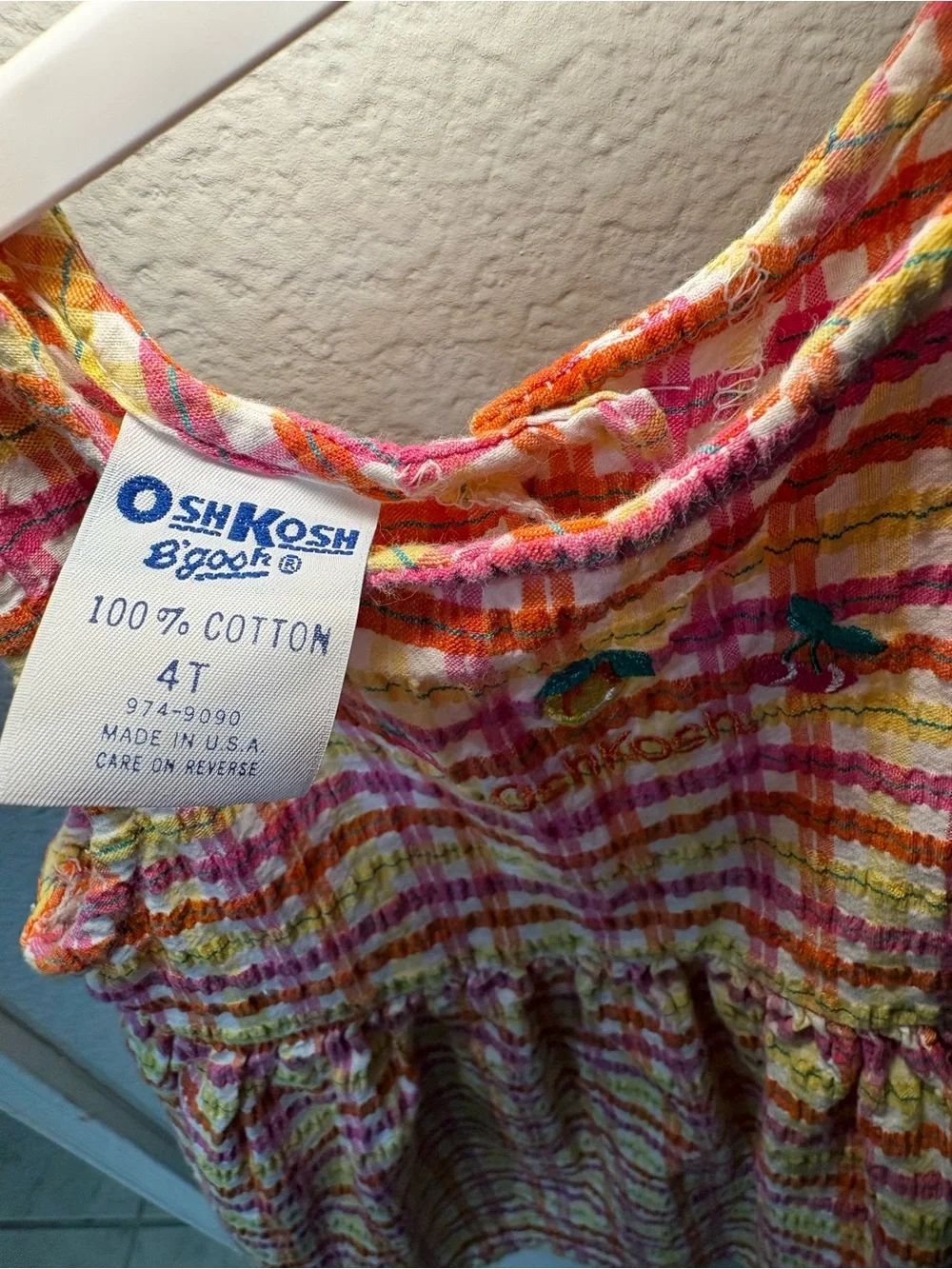VTG OshKosh Dress Girls 4t Plaid Fruit Seersucker Pinafore Jumper  1990s